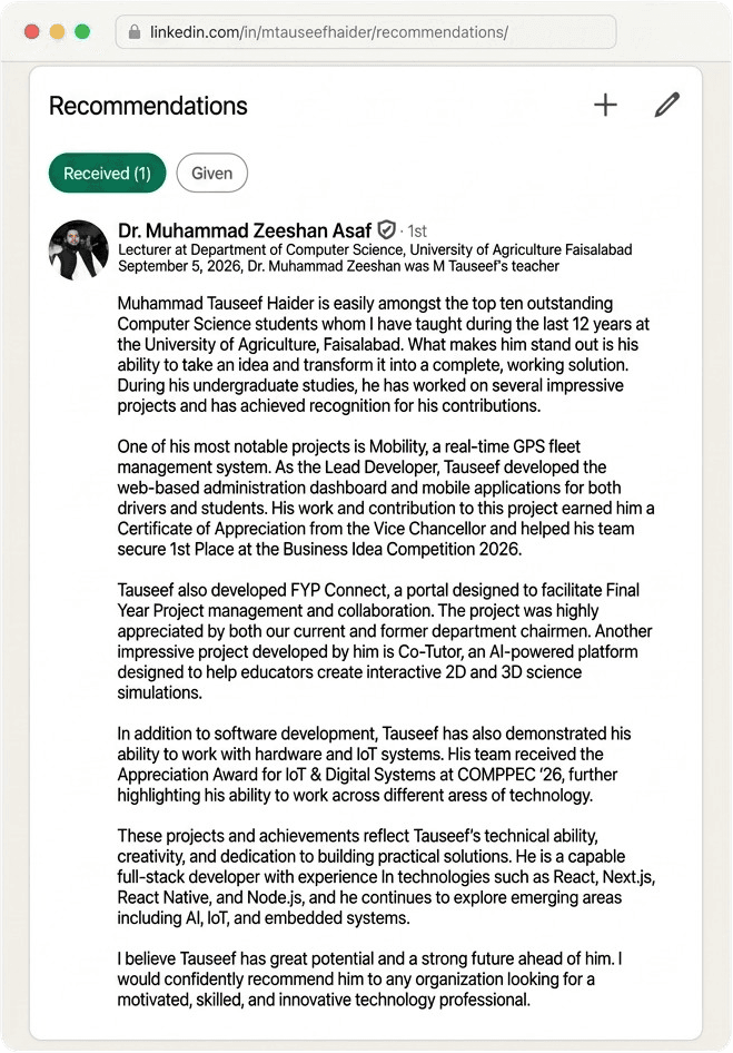 LinkedIn recommendation letter from Dr. Muhammad Zeeshan Asaf